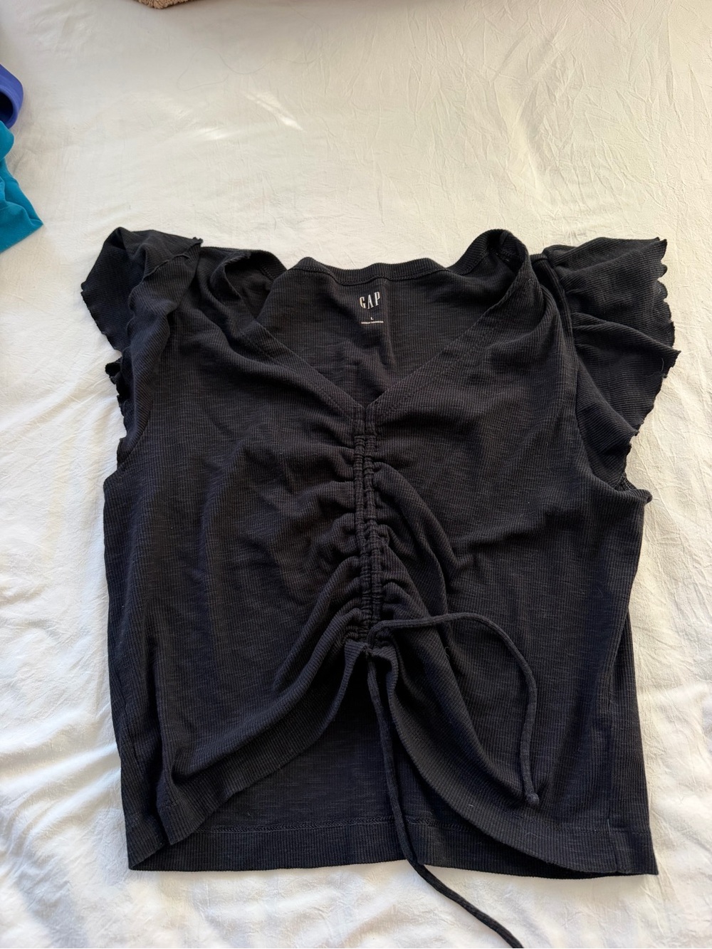 GAP Black Ruched Tie-Front Flutter Sleeve Crop Top
